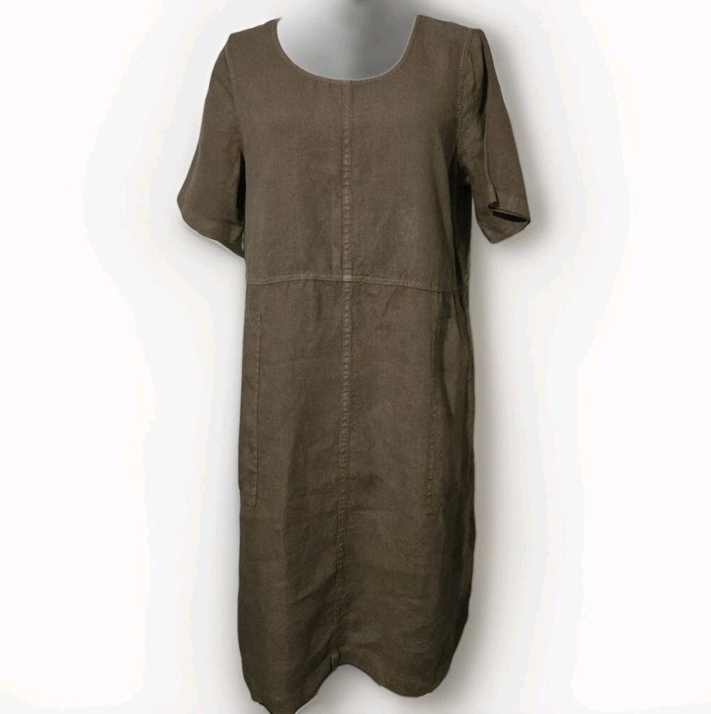 J.Jill Pure Jill Garment Dyed Khaki Linen Shift Dress Size M Utility Lagenlook